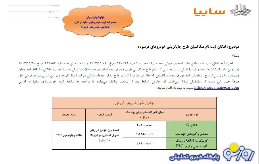 آغاز فروش ۳ خودرو سایپا از امروز ۱۹ خرداد +جدول قیمت آغاز فروش ۳ خودرو سایپا از امروز ۱۹ خرداد +جدول قیمت