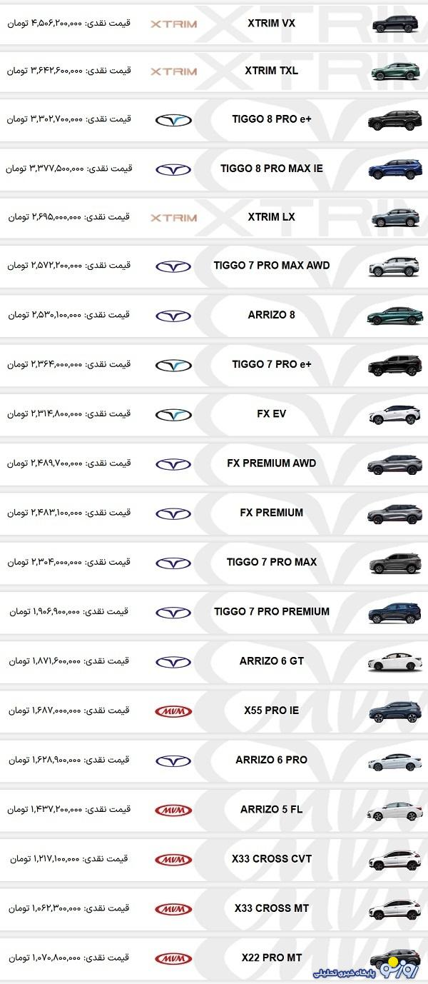 قیمت جدید محصولات مدیران خودرو خرداد ۱۴۰۴