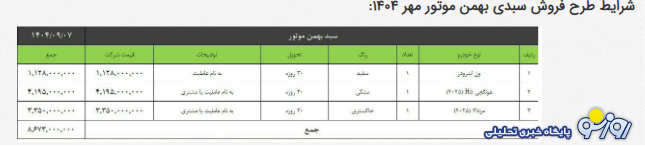 فروش فوری بهمن موتور ویژه مهر آغاز شد