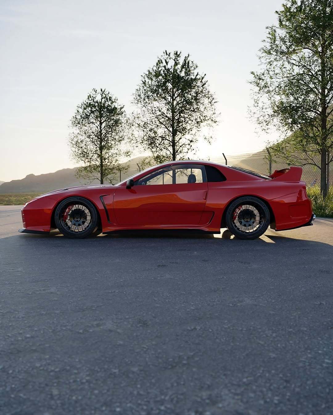 تصویری کامپیوتری و رندر شده از طرح مفهومی میتسوبیشی ۳۰۰۰GT با بازطراحی مدرن، بدنه عریض، چراغ‌های LED و رینگ‌های مشکی، که توسط روستیسلاو پروکوپ به عنوان یک سوپر GT برای سال ۲۰۲۵ بازآفرینی شده است.